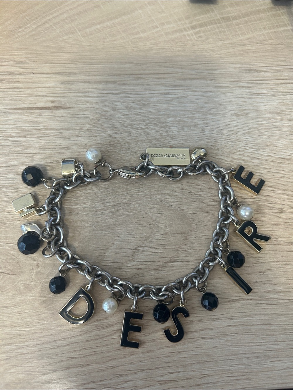 Dolce & Gabbana Silver-Tone Charm Bracelet with Black Letter and Pearl Accents